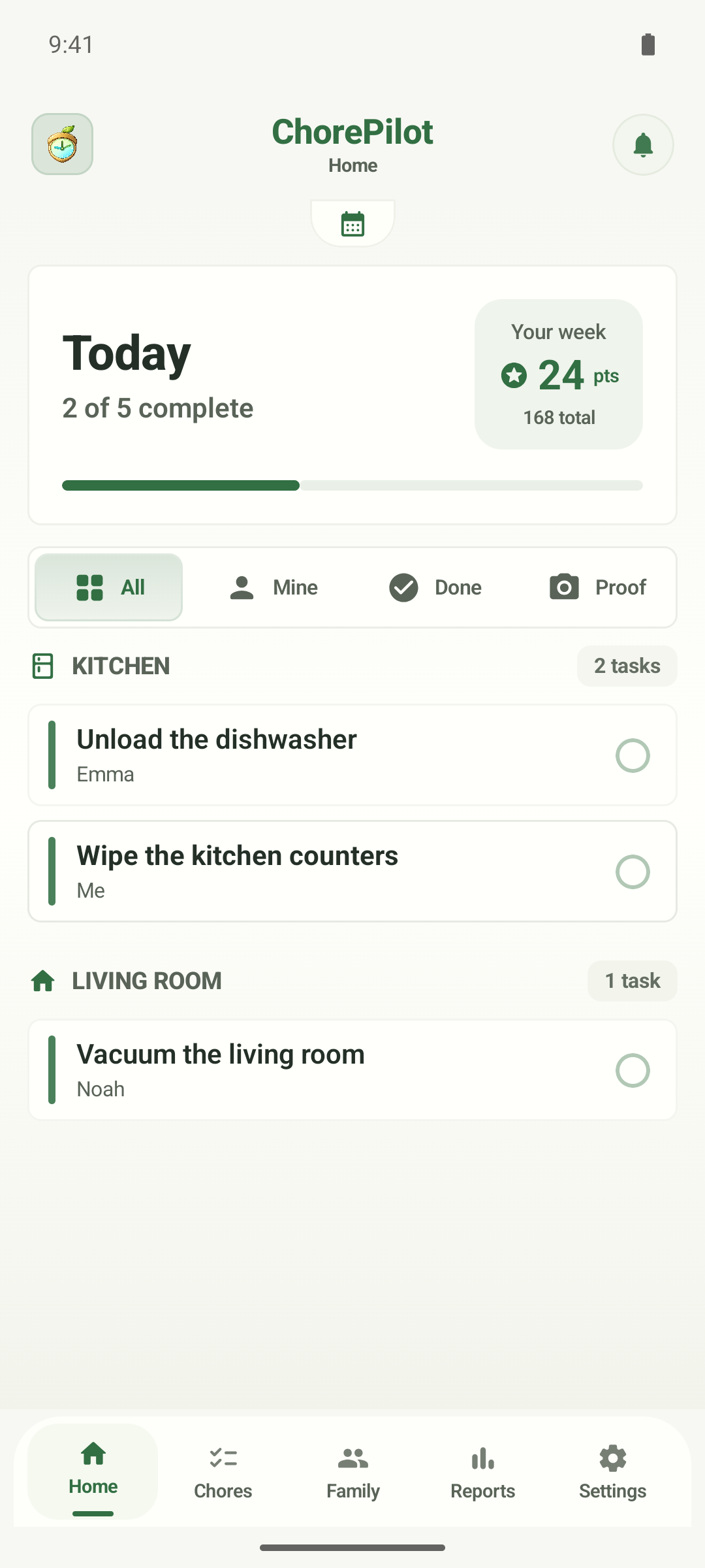 Actual ChorePilot Home screen with today's chores and household progress