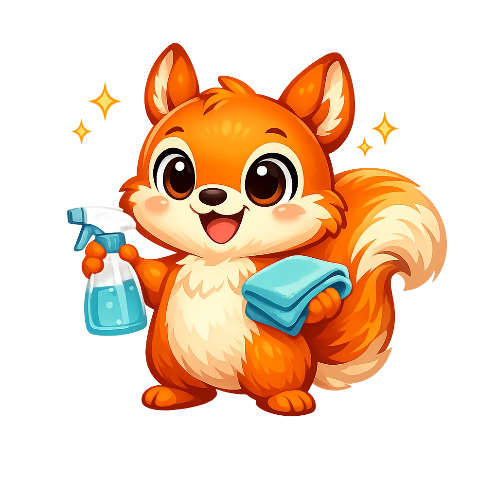 ChorePilot's cheerful squirrel mascot with a cloth and spray bottle